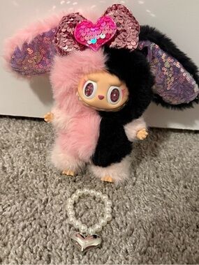 NEW Custom Made Monsters Pink & Black Bunny Plush Pendant Doll